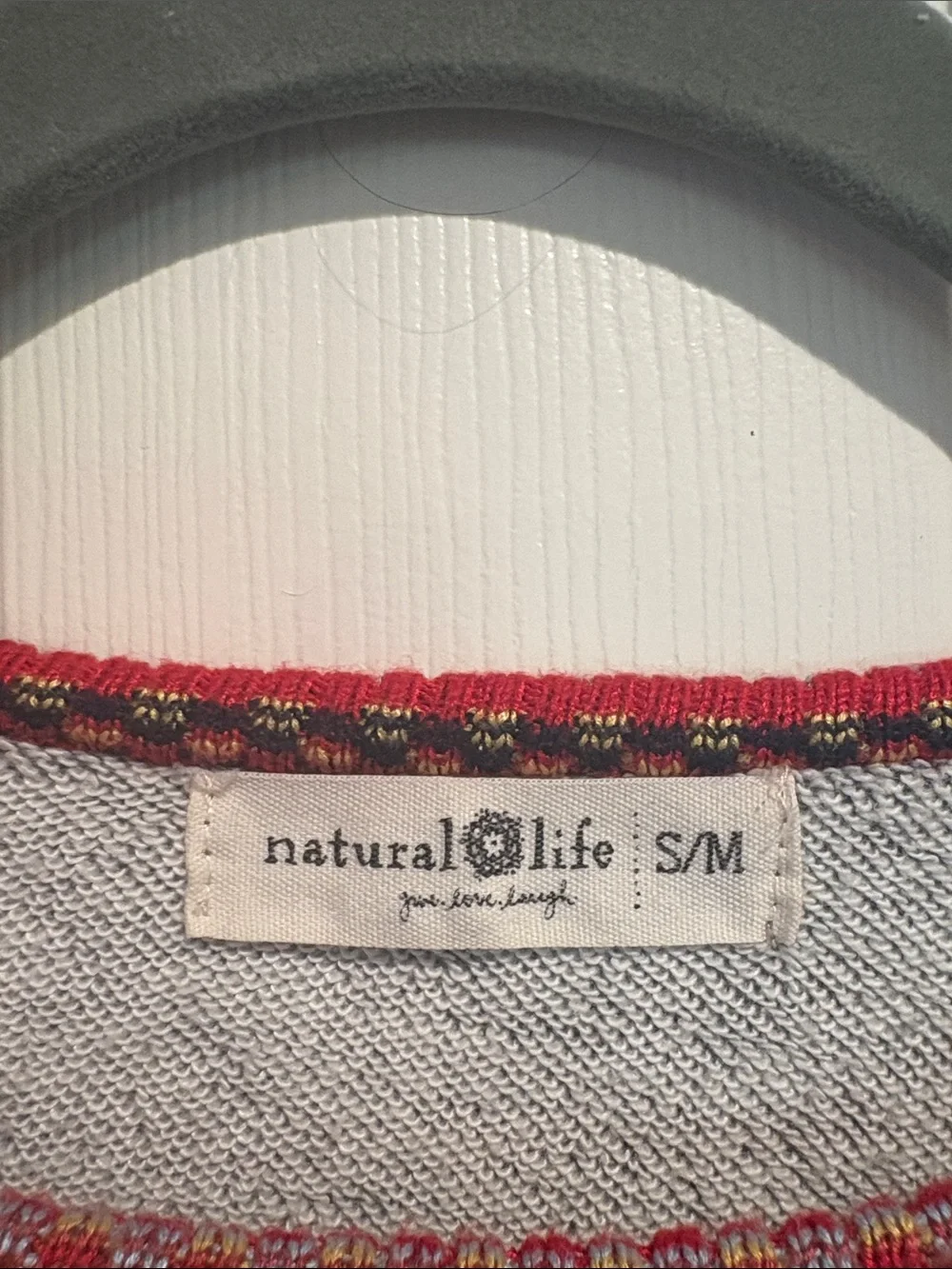 NATURAL LIFE Grey Crewneck Sweater with Red & Orange Trim - Size Small - Picture 8 of 9
